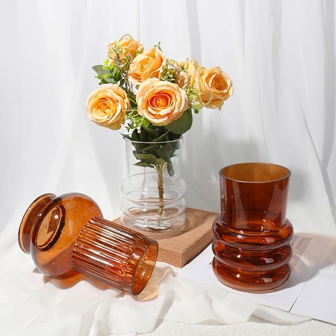Amber Glass Flower Vase, 7" x 4.7" Thickened Hydroponic Flower Vase Modern Geometric Glass Vase for Home Living Room Wedding Centerpieces Office Table Decor