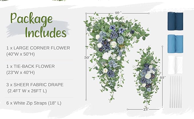 Wedding Arch Flowers with Drapes Kit (Pack of 5) - 2pcs Artificial Dusty Blue & Cream Deluxe Swag with 3pcs Hanging Drapes for Wedding Ceremony Arbor Reception Backdrop Rose Floral Decorations