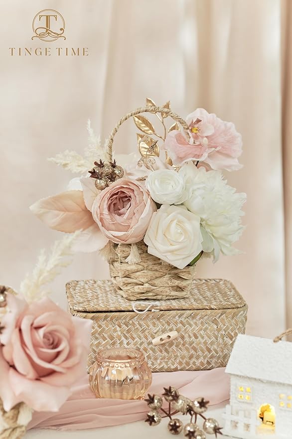 TINGE TIME Artificial Flowers Combo Mix Silk Flowers Pink Roses w/stem for DIY Wedding Bridal Bouquets Baby Shower Floral Arrangement Table Centerpieces Home Decorations (Dusty Rose & Champange)