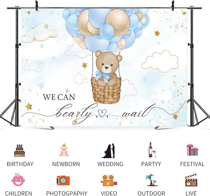 15x8ft Baby Shower Backdrop Bear Hot Air Balloon Photography Background Blue Brown Balloons White Cloud Glitter Gold Stars Birthday Party Banner Decorations Newborn Parties Photo Booth Prop