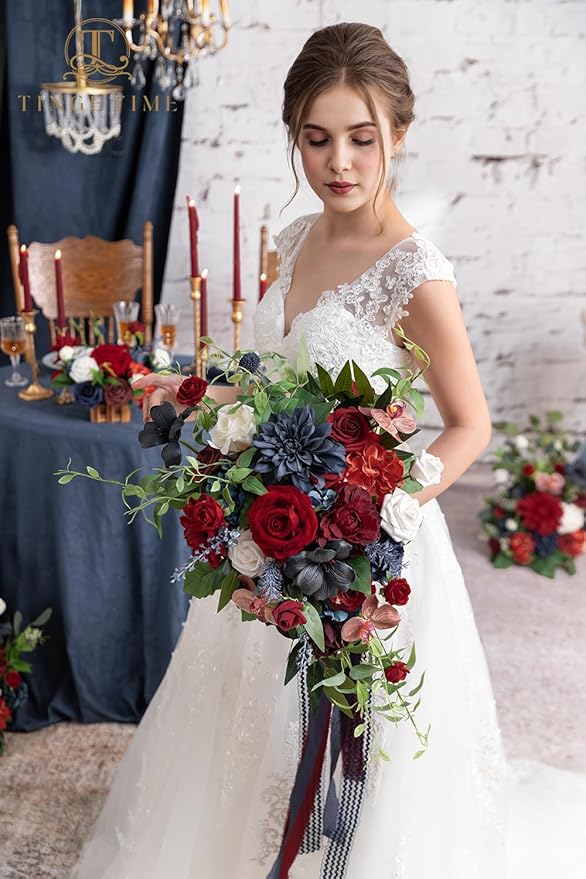 TINGE TIME 17 Inch Artificial Bridal Bouquet - Red and NavyBlue, Realistic Silk Wedding Bouquet, Durable Fake Flowers for Brides, Bridesmaids, Home Decor, and Events