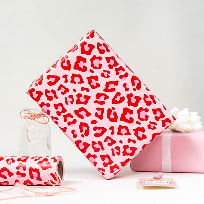 WRAPAHOLIC Reversible Leopard Wrapping Paper - Mini Roll - 17 Inch X 33 Feet - Hot Pink Girls Birthday Wrapping Paper for Birthday, Holiday, Baby Shower