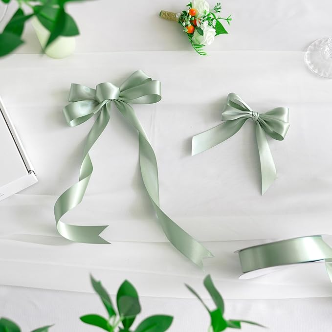 MEEDEE Sage Green Ribbon 1 Inch Sage Green Satin Ribbon Lux Double Faced Satin Ribbons by 50 Yards Polyester Green Wrapping Ribbons for Crafts, Weddings, Flower Bouquet, Holiday Decorating