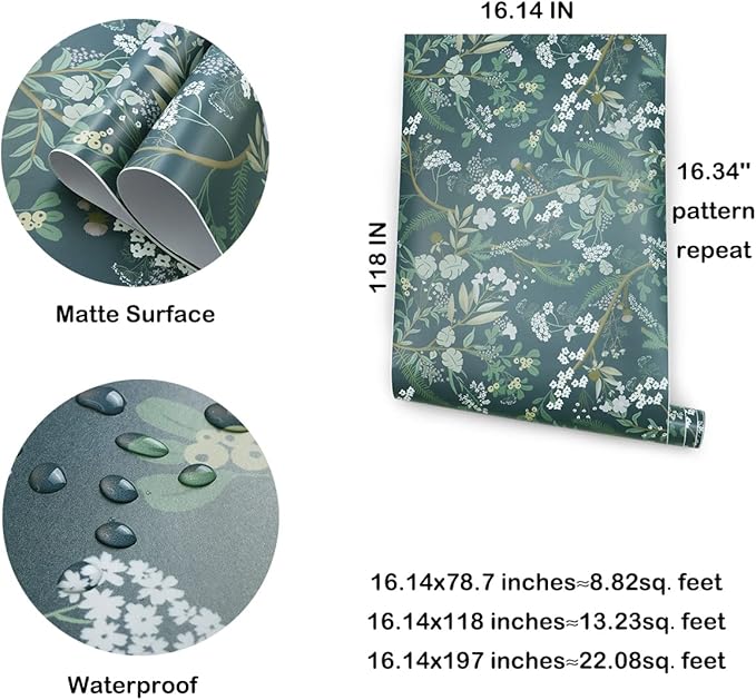 Guvana Floral Peel and Stick Wallpaper Leaf Wallpaper Green Leaves Contact Paper Vintage Flowers Self Adhesive Wall Paper for Bedroom Livering Decor 118"x16.14"