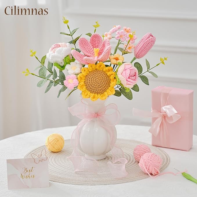 Cilimnas Crochet Flower Bouquet,Pink Knitted Flowers, Handmade Sunflowers Tulips Roses Bouquet for Birthday Anniversary Party Mother's Day Graduation Gifts
