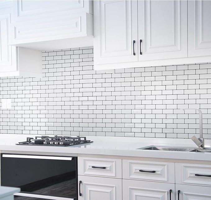 Art3d 10-Sheet Peel and Stick Backsplash Tile for Kitchen - 12”×12” Stick on Wall Tile for Kitchen Bathroom Countertop Living Room, Warm White with Black Grout