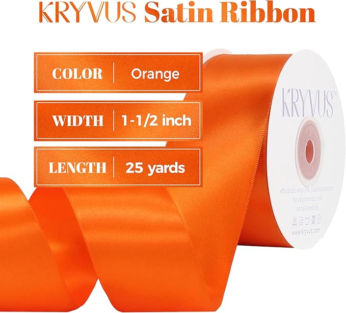 Double Faced Orange Satin Ribbon, 1-1/2 Inch X 25 Yards Polyester Ribbon for Gift Package Wrapping, Crafts, Bow Making, Sewing, Flower Bouquet, Wedding Party Decor