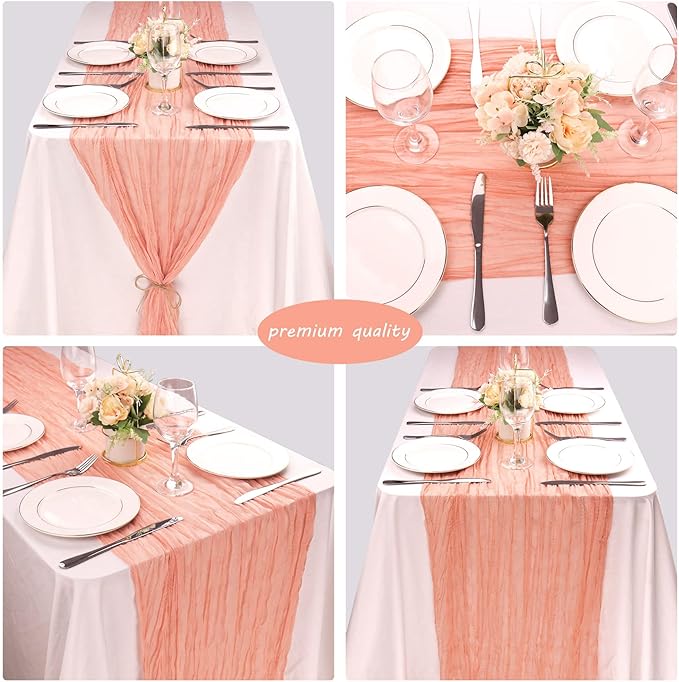 12 Pack 10Ft Cheesecloth Boho Gauze Table Runner - 35x120 Inch Rustic Cheese Cloth Long Table Runner for Wedding, Bridal Shower, Birthday Party Decor (Peach Coral)