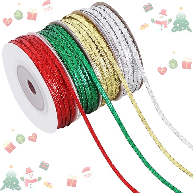 TONIFUL 4 Rolls Thin Ribbon - 3mm*20 Yards - Christmas Ribbon Set for Gift Wrapping, Tree & Wreath Decor, Balloon Sting, Bows Making, Treat Bags Decor, Crafts（Red, Green, Gold, Silver）