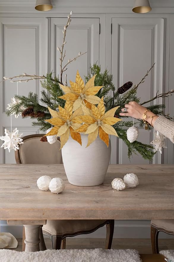 Hollyone 3PCS Poinsettia Christmas Flowers Artificial 11" Large Velvet Gold Glitter Poinsettia Flowers Christmas Tree Ornaments Floral Picks for Tree Wreath Garland Vase Table Centerpiece Home Decor