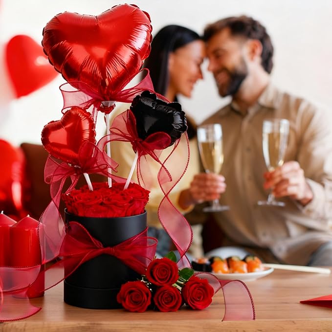 Red Preserved Roses in Box 7 Preserved Forever Flower in a Round Box Last 1-3 Years with Heart Balloon Christmas Surprise Gift for Women Loved One Mom Valentines Anniversaries Need Assembly