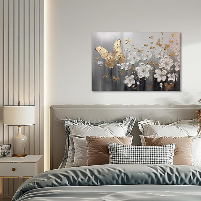 KPLUNDO Glod Butterfly Wall Art White Flower Canvas Prints Wall Decor Gray Poster Landscape Picture Modern Artwork Home Decor for Office Living Room Bedroom Bathroom Decoration(Art-1,24.00x36.00 inch)