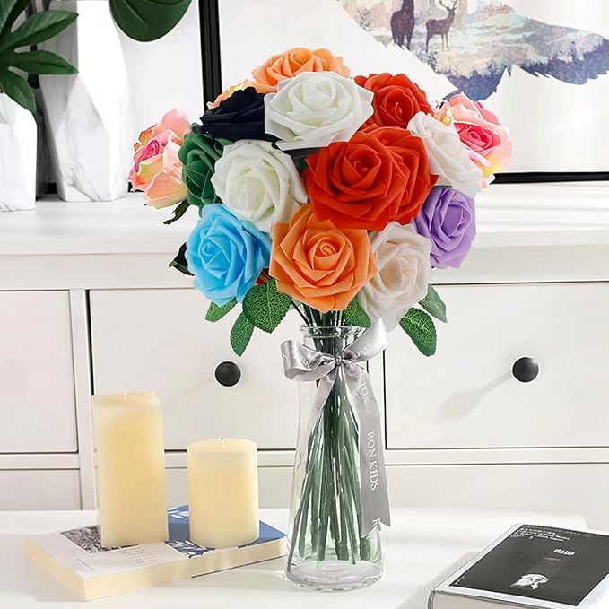 [25PCS] Navy Roses Artificial Flowers with Long Stem Real Touch Fake Foam Roses for Decoration DIY Wedding Bouquets Centerpieces Bridal Shower Mothers Day Party Flower Arrangements Home Decor