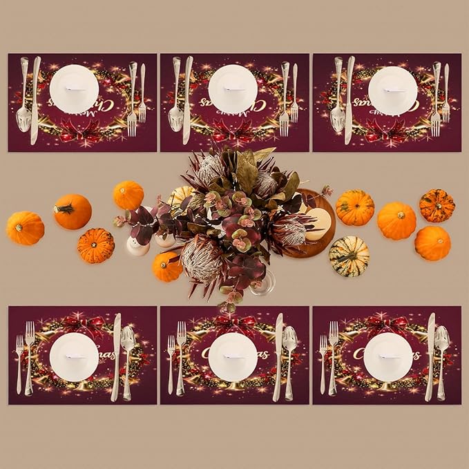 Xmas Christmas Bells Red Placemats Set of 4 PVC Vinyl Non Slip Table Mats Heat Resistant Place Mats Washable Wipeable Dining Table Mat for Kitchen Decor Party Indoor Outdoor Decorative Gift