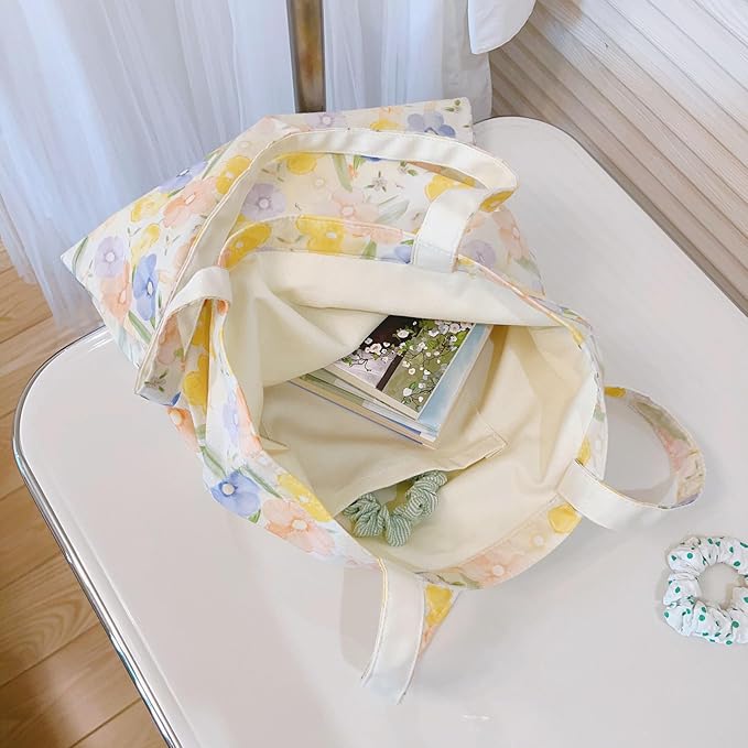 Cotton Canvas Tote Bag Reusable Soft Grocery Cloth Bag Floral Shoulder Bag for Beach Travel Shopping