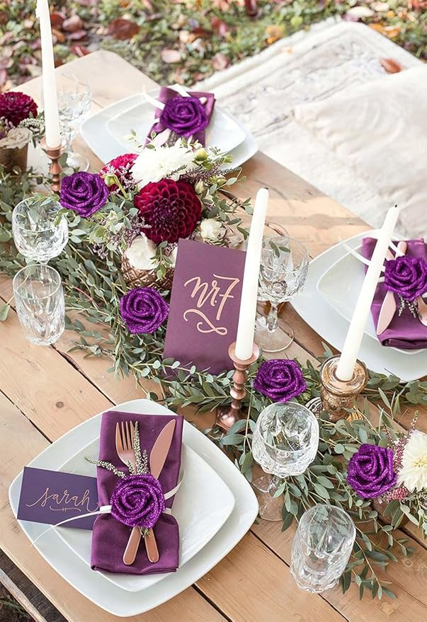 Foam Roses,50PCS Purple Glitter Roses Artificial Flowers 2.76" Fake Roses with Stem for Wedding Christmas DIY Wreath Home Table Floral Arrangement(Purple)