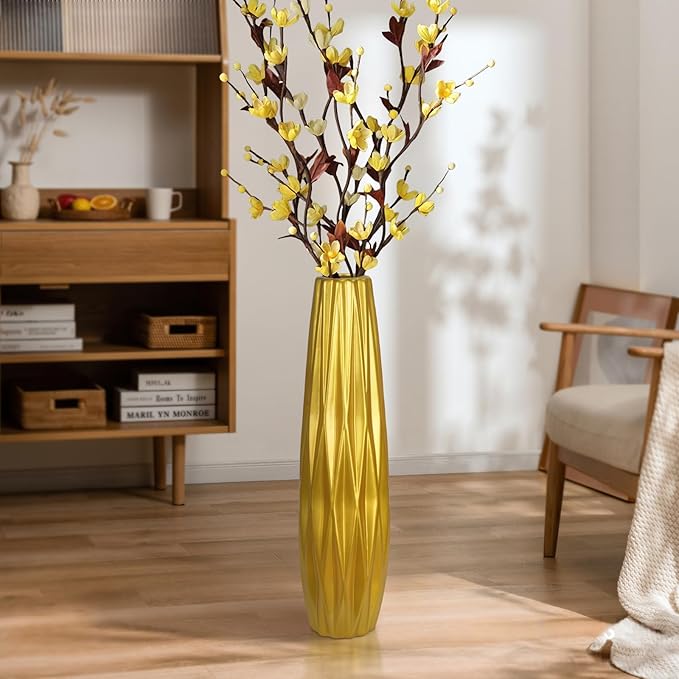 Gold Ceramic Tall Floor Vase,17.7 Inch Large Modern Flower Vases for Home Décor,Wicker Big Floor Vases Decorations for Farmhouse, Living Room,Bedroom,Standing Plastic Vase Decorative Tall