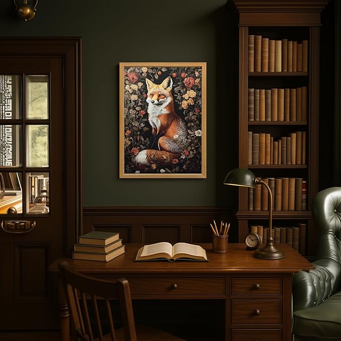 LLEEMPI William Morris Wall Art, Vintage Botanical Floral Wall Decor, Fox Flower Canvas Painting, Abstract Nature Botanical Aesthetic Picture for Living Room Bedroom Hallway Wood Framed 12x16 inch