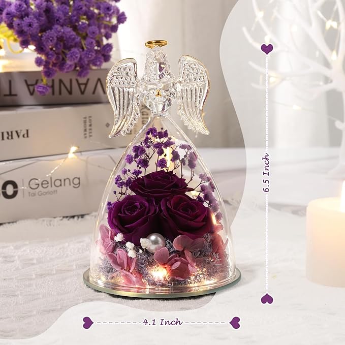 ANWEAO Preserved Flowers Birthday Gifts for Her Preserved Real Rose in Angel Glass Crystal Angel Figurines for Her Ideal Birthday,Mother's Day,Wedding,Valentine's,Thanksgiving Day,Christmas