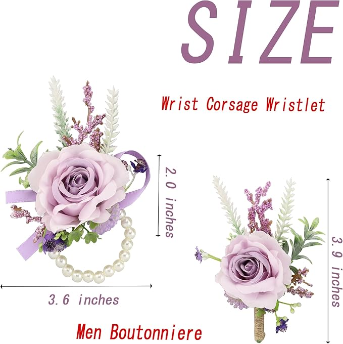 SITUMEIZI 2Pcs Purple Corsage and Boutonniere Set,Corsage Wristlet for Prom Decor,Boutonniere for Men Wedding Flowers Accessories Party Suit Decoration