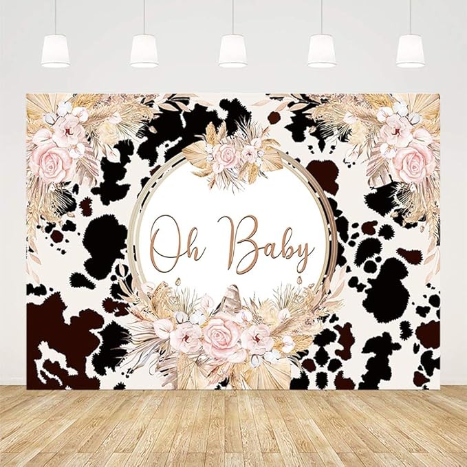 10x7ft Boho Holy Cow Baby Shower Backdrop Oh Baby Black and White Cow Print Bohemia Pink Floral Pampas Grass Photography Background Farm Theme Party Decoration Banner Supplies Photo Studio Prop