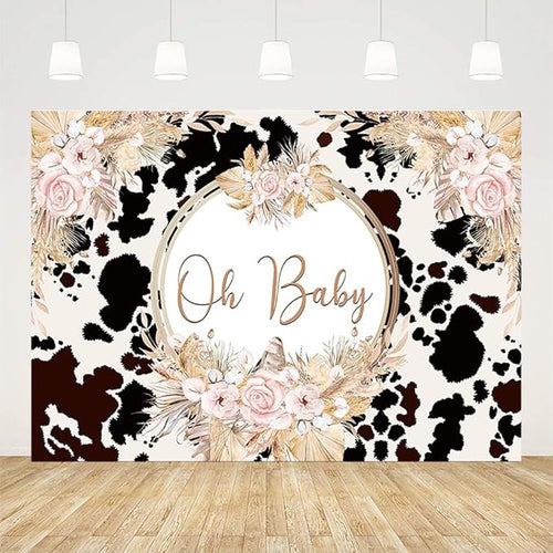 10x7ft Boho Holy Cow Baby Shower Backdrop Oh Baby Black and White Cow Print Bohemia Pink Floral Pampas Grass Photography Background Farm Theme Party Decoration Banner Supplies Photo Studio Prop