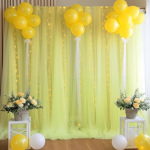 10ft x 8ft Yellow Backdrop Curtain with Lights String for Parties, Sheer Tulle Wedding Photo Backdrops Drapes for Baby Shower Birthday Party Decorations Background for Photography