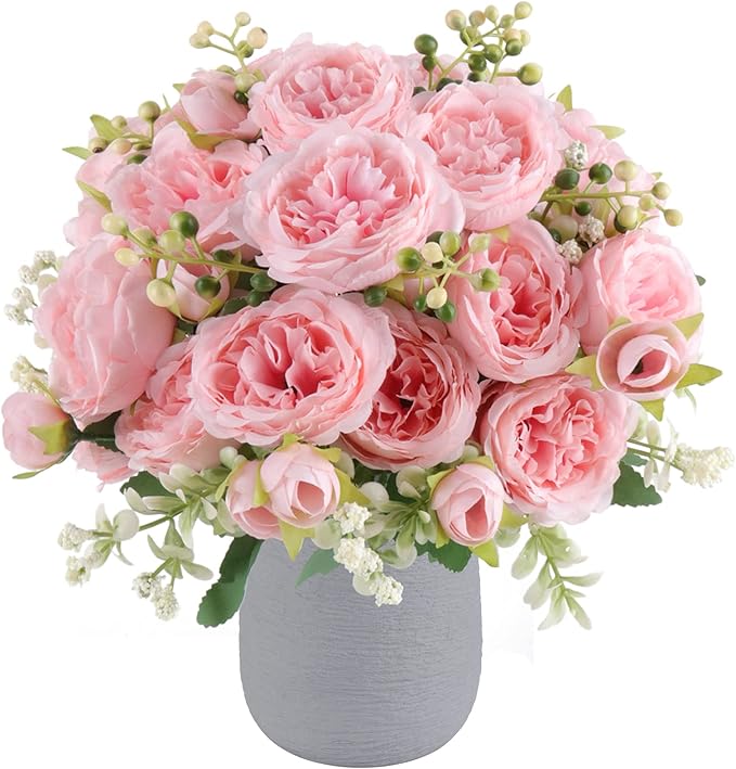 Pusuny Artificial Peonies Silk Flowers, 4 Bundles Faux Peony Bouquet Florals Arrangements for Farmhouse Home Boho Wedding Table Centerpiece, Fake Plastic Flower Bulk for Vase Decoration (Light Pink)