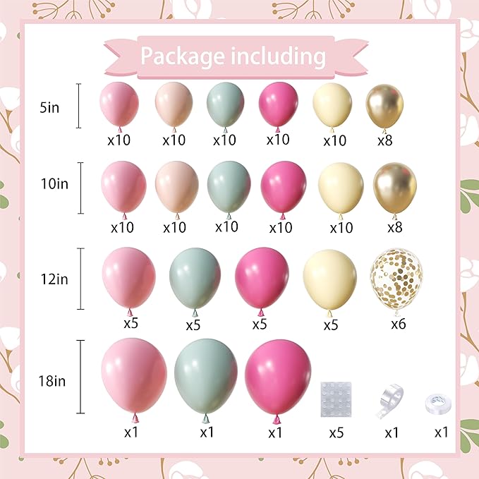 Pastel Balloon Arch Kit, 152Pcs Dusty Green Rose Pink Pastel Pink Orange Yellow Gold Confetti Balloons for Baby Bridal Shower Wedding Engagement Birthday Party Decorations