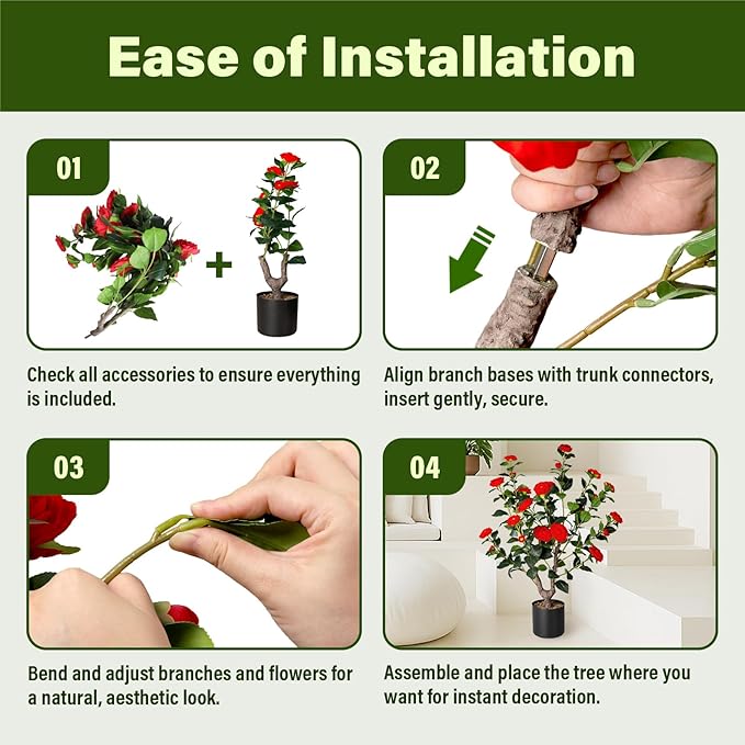 Artificial Camellia Tree,2Pack 3FT Faux Red Camellia Plants in Pots,Lifelike Artificial Flower Trees for Indoor Outdoor Home Decor,Realistic Blooming Faux Plants for Living Room Porch Patio Office