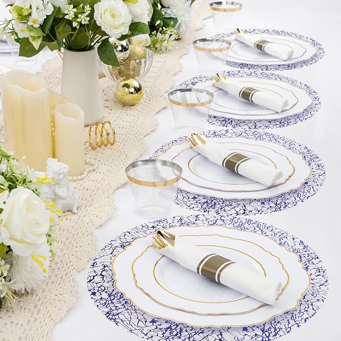 Hysenm 50 Pcs Disposable Blue Placemats Set Metallic 13 Inch Round Table Doilies, Ultra-Thin Messy Lines Disposable Placement Mats for Home Decoration Dining Table Wedding Birthday Party