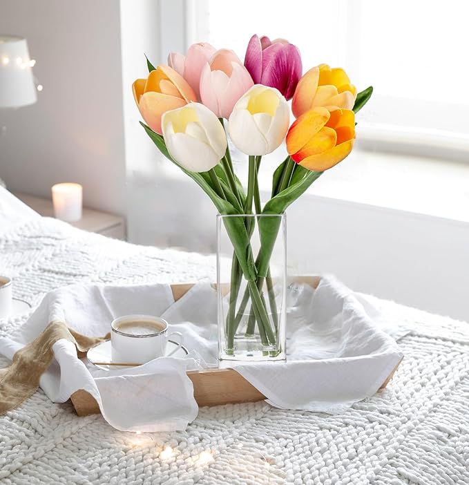 Briful Fake Flowers Artificial Tulip Flower in Clear Vase, Multi Color Real Touch Foam Tulip Arrangement Suitable for Home Office Decoration, Dining Table Centerpiece