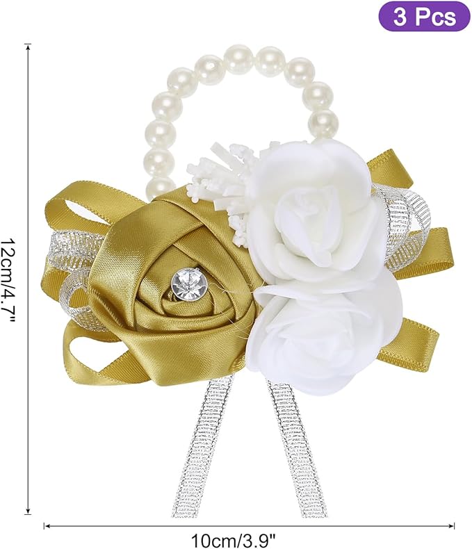 MECCANIXITY 3Pcs Wrist Corsage Artificial Flower Bracelets Rose Wrist Bride Groom Decorative for Wedding Ceremony Prom Party Anniversary Dark Yellow