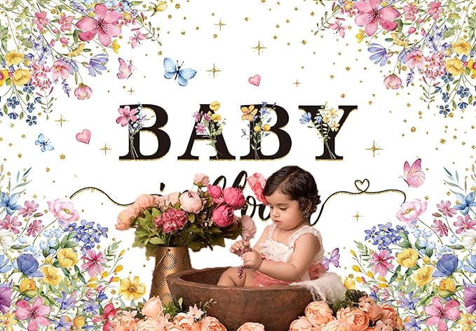 Baby in Bloom Backdrop Wildflower Baby Shower Party Photography Background Spring Floral Gold Glitter Butterfly Banner for Girls Baby Shower Newborn Birthday Party Decorations (82x59 inch (7x5FT))