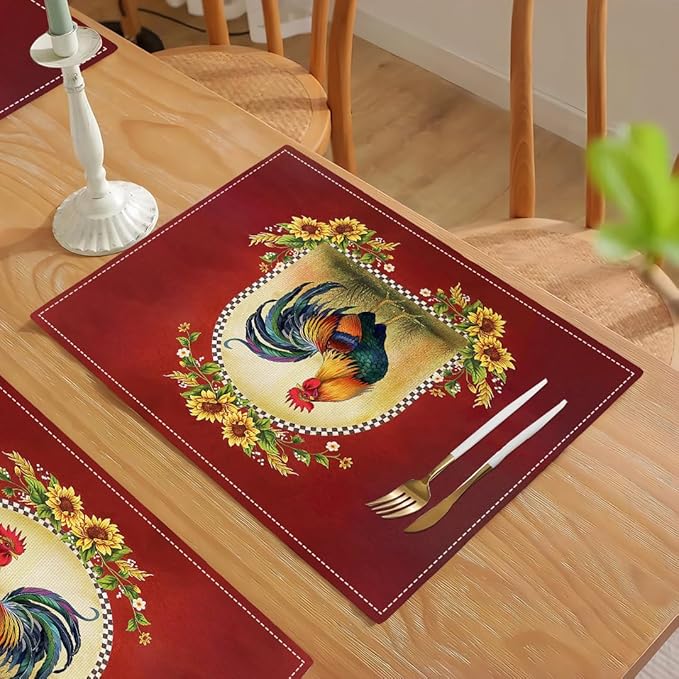 Rooster Sunflower Placemats Set of 4, Farmhouse Country Farm Chicken Animal Red Double-Sided Table Mats for Kitchen Dining Room Home Party Indoor Decor 4 PCS 12x18 Inch