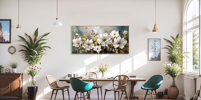 Wall Art Modern Flower Artwork Paintings White Blossom Gold Leaf Butterfly Landscape Picture wall Decor for Living Room Bedroom Kitchen 40"x79" with Framed