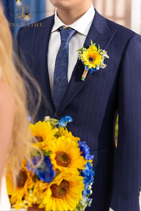 TINGE TIME Boutonniere for Men Wedding,Groom and Best Man Boutonniere for Wedding Ceremony Anniversary, Formal Dinner Party and Rustic Summer Weddings Marriage (Sunflower&RoyalBlue)