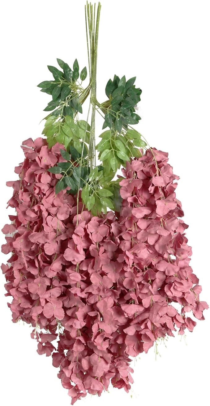 12PCS Artificial Wisteria Hanging Flowers 3.6ft Dusty Pink Fake Hanging Flowers Garland Silk Flowers Rattan String Faux Wisteria Vine for Garden Home Wedding Arch Decoration (Dusty Pink)