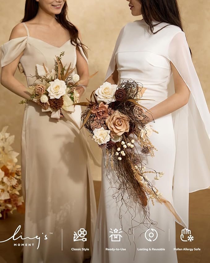 Ling's moment Beige Bridal Bouquet Cascading, Brown Wedding Bouquets for Bride, 13 Inch Bride Bouquets for Wedding Artificial Flowers Bouquets