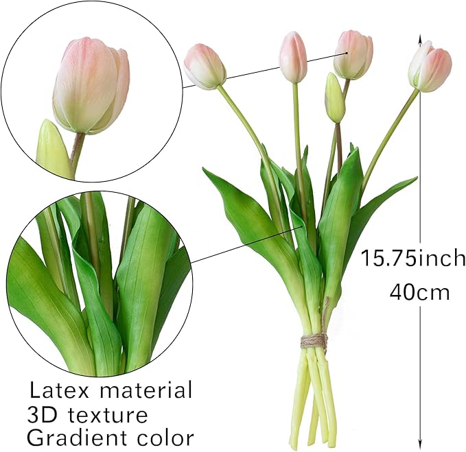 15pcs Artificial Tulips Flowers, Real Touch Latex Bouquet, Fake Tulips for Office Wedding Party Home Kitchen Garden Decoration-B Powder Pink