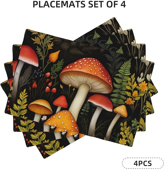 Placemats 4 pcs Mushroom Double-Layer Imitation Linen Place Mats Non-Slip Heat-Resistant Tablemats for Home Restaurant Hotel 18×12 Inch