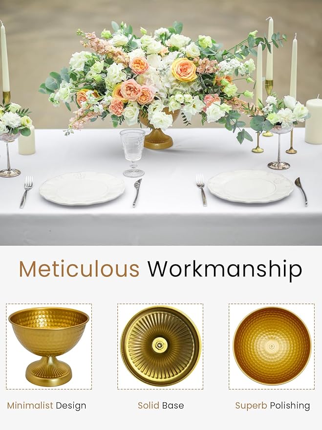 Set of 10 Gold Urn Vases - 6 Inch Vintage Metal Flower Arrangement Compote Vases for Wedding Table Centerpieces, Anniversary Christmas Party Decor (10)