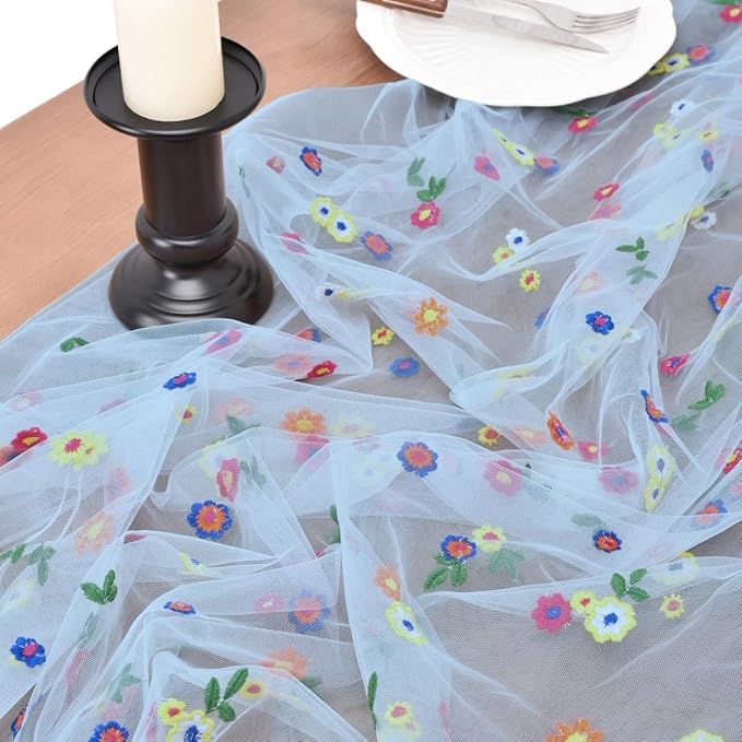 Joanlody 3pcs Blue Embroidery Daisy Christmas Table Runner Florals Seasonal Tulle Table Runner Holiday Kitchen Dining Table Decoration Wedding Party