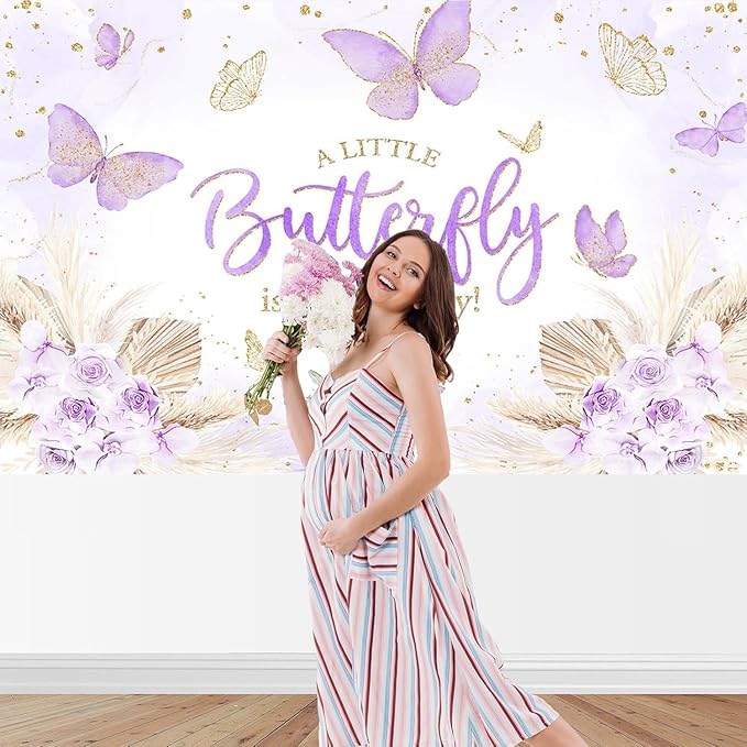 Mocsicka 7x5ft Butterfly Baby Shower Backdrop Purple A Little Butterfly is on Her Way Banner Boho Floral Lavender Purple Butterfly Baby Shower Decorations Photo Booth Props