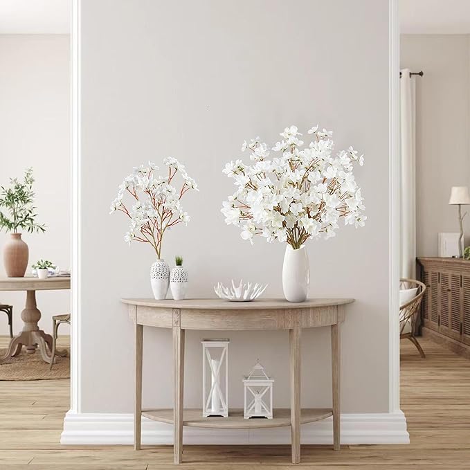 Sggvecsy Artificial Cherry Blossom Flowers 8 Pcs Faux Cherry Blossom Stems Faux Silk Cherry Blossom Branches 15.7’’ Fake Peach Flowers for Vase Arrangements Home Wedding Table Decor (White)