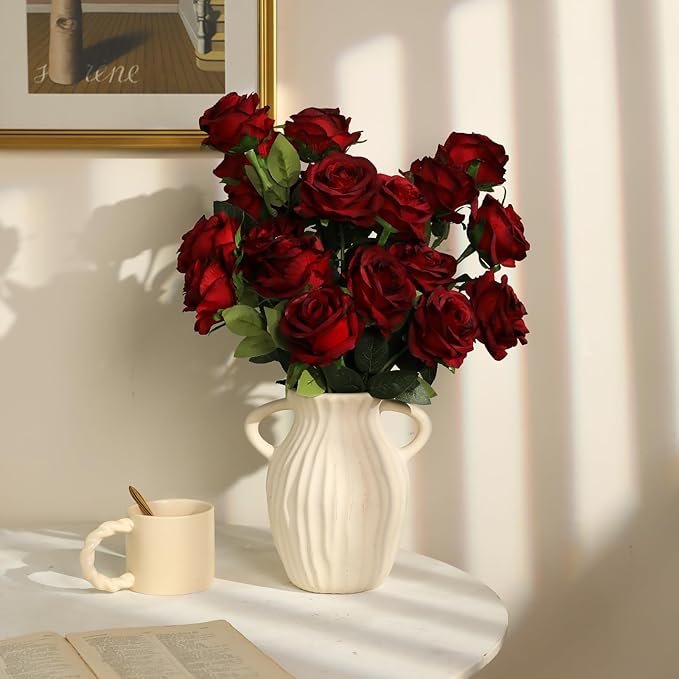 Nubry 24pcs Artificial Silk Roses Bulk,Fake Roses Flower with Stems Realistic Flowers for Wedding Centerpiece Home Party Decor(Burgundy)