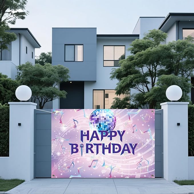 Pink Purple Birthday Backdrop, 1.5x1m/59.06x3.28ft Cartoon Happy Birthday Backdrop Dreamy & Funny Musical Themed Party Banner for Women Girl Celebration Decoration
