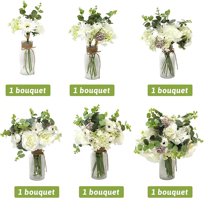 Zerzsy Artificial White Peony Flower Bouquet with Green Leaves Stem, 4pcs Stems Silk Flowers Bouquet Fake Peonies Flower Arrangements Vase Decorating for Centerpiece Table Wedding Party Home