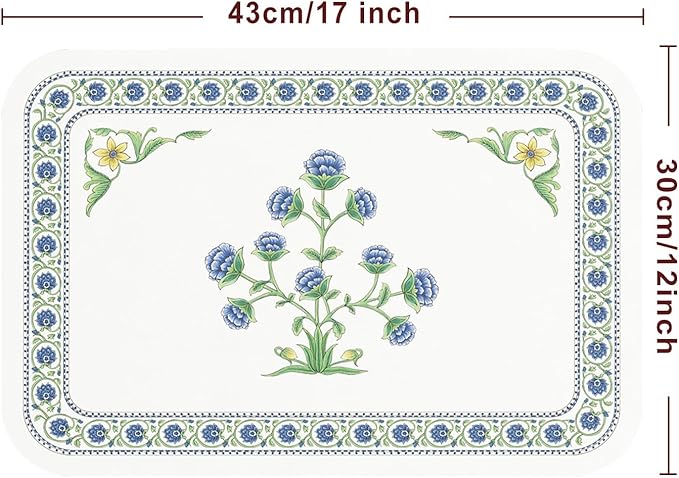 patdrea Blue Floral Rectangular PVC Placemats, Pack of 6, Waterproof Insulation, Soft and Durable, Suitable for Dining Table, Kitchen and Coffee Table Decoration,12"*17"