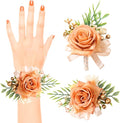 2 Pcs Rose Wrist Corsage and Boutonniere Set, Rose Corsage Hand for Women, Boutonniere for Men Wedding Artificial Flowers Accessories Prom Decor, Wedding Party Accessories (Orange)